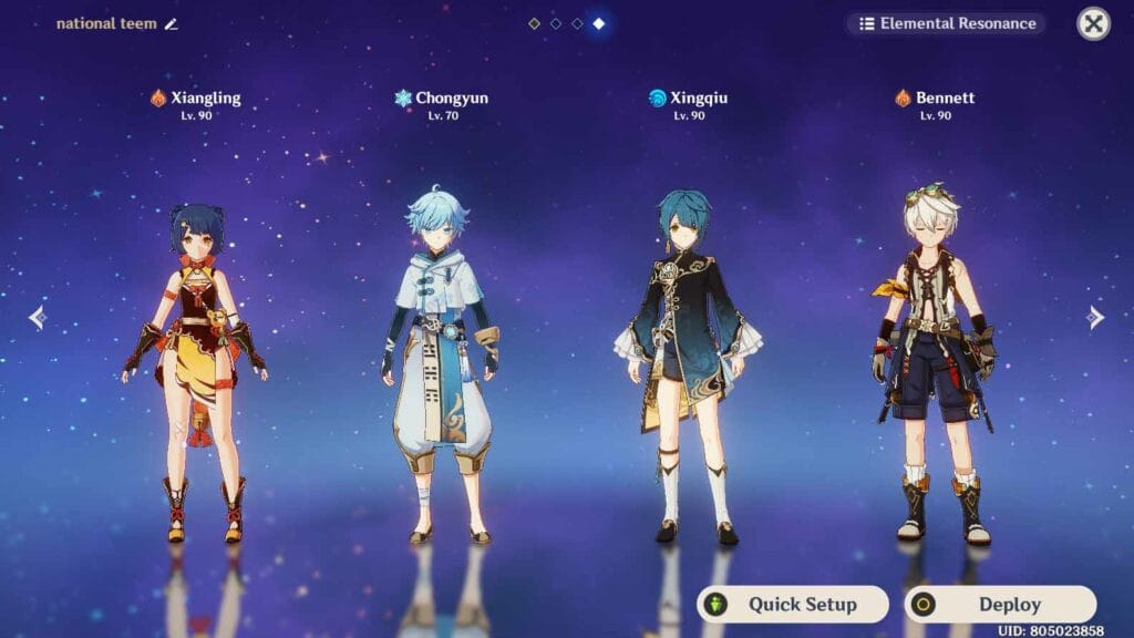 National Team composition featuring Xiangling, Xingqiu, Bennett, and Sucrose