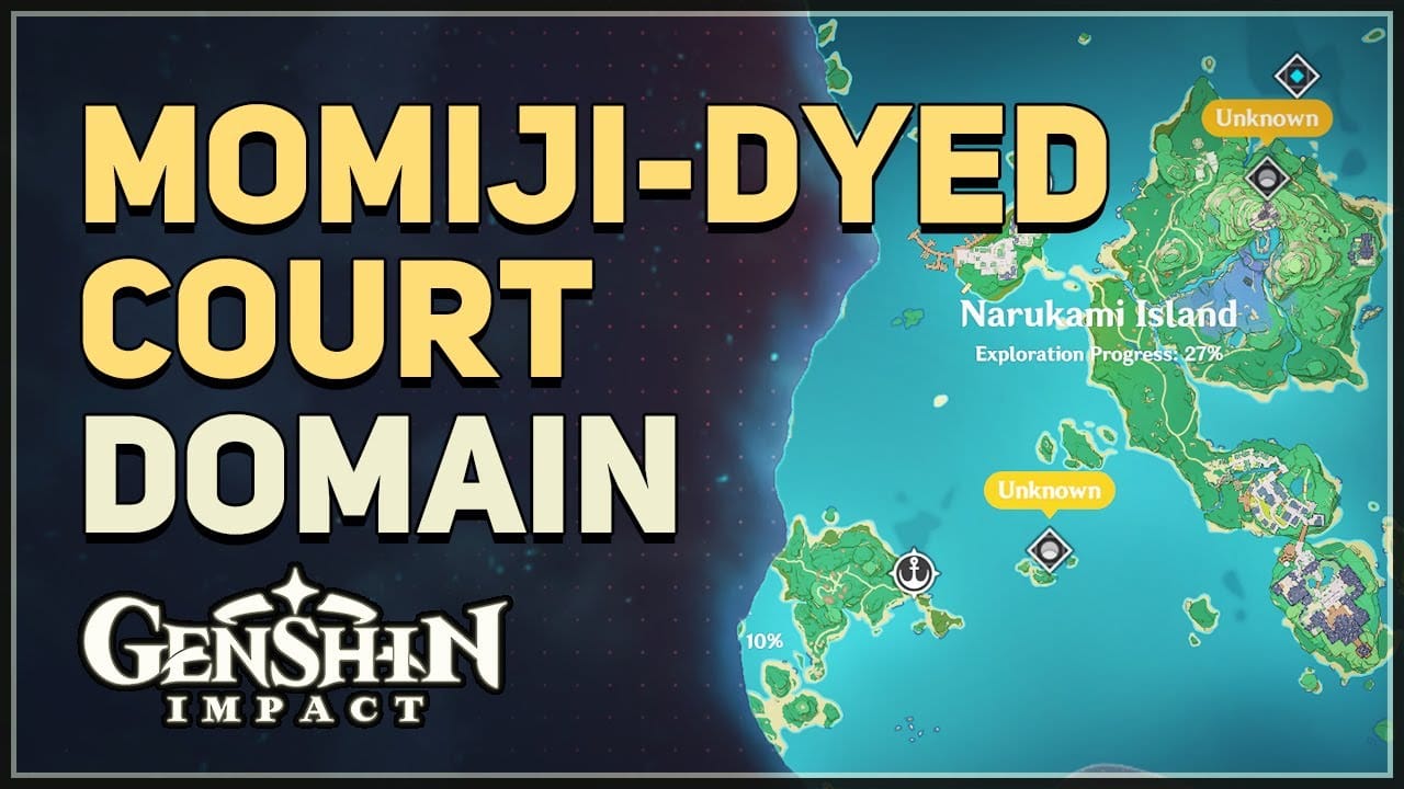 Genshin Impact में मोमिजी-डायड कोर्ट डोमेन जो एम्ब्लेम और शिमेनावा आर्टिफैक्ट सेट्स दिखा रहा है