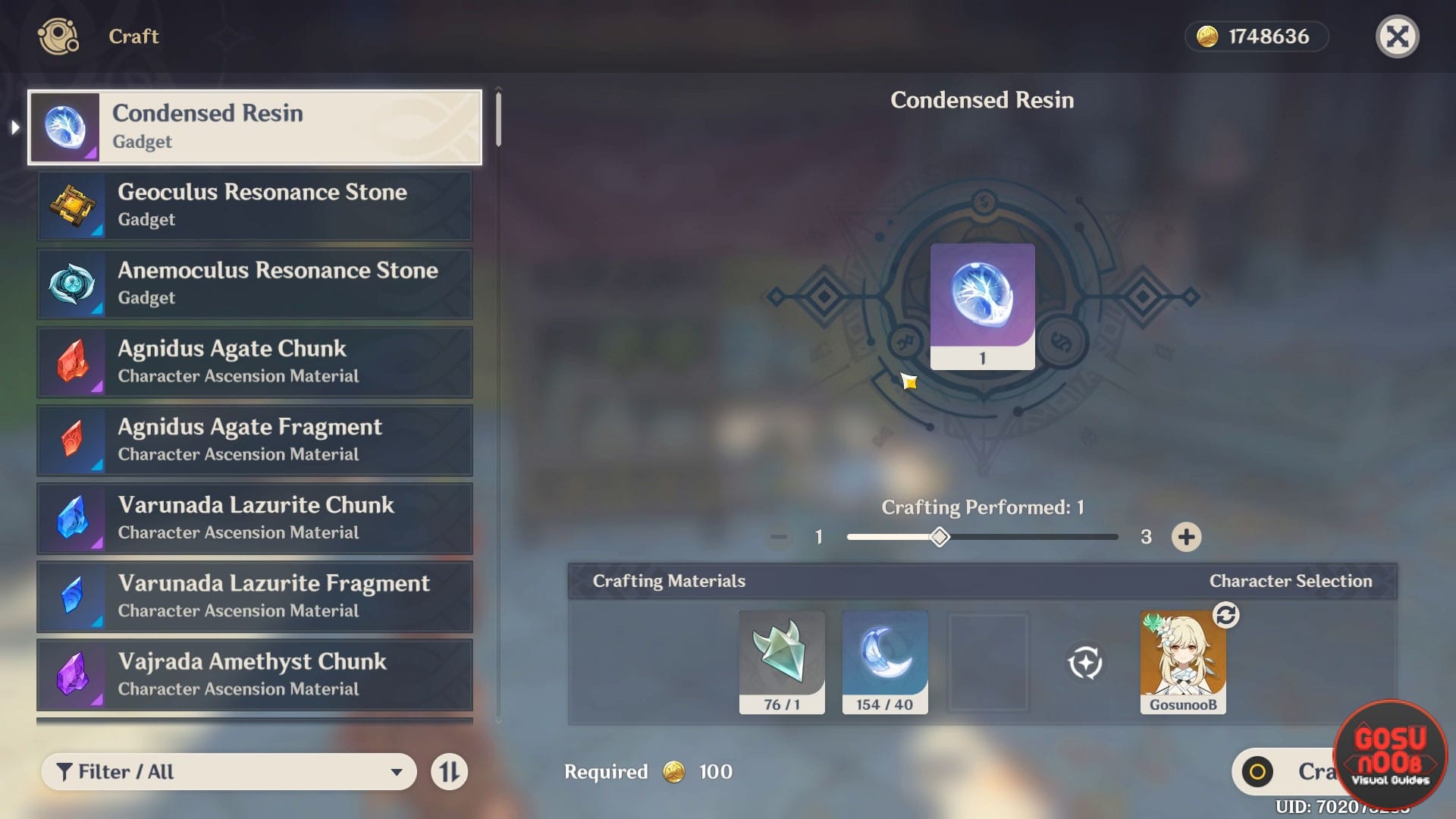 Genshin Impact कंडेंस्ड रेजिन क्राफ्टिंग इंटरफेस जो सामग्री और स्टॉकपाइल लिमिट दिखा रही है