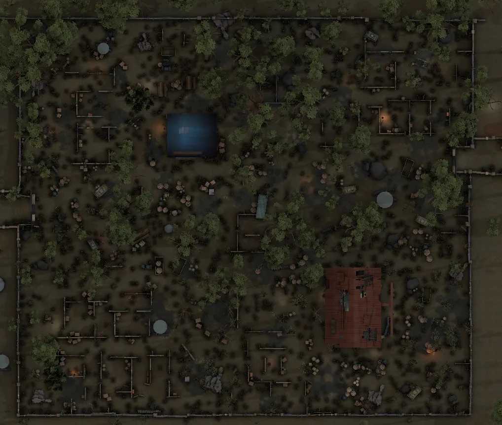 Identity V Arms Factory map overview showing kiting-friendly terrain and obstacle placement