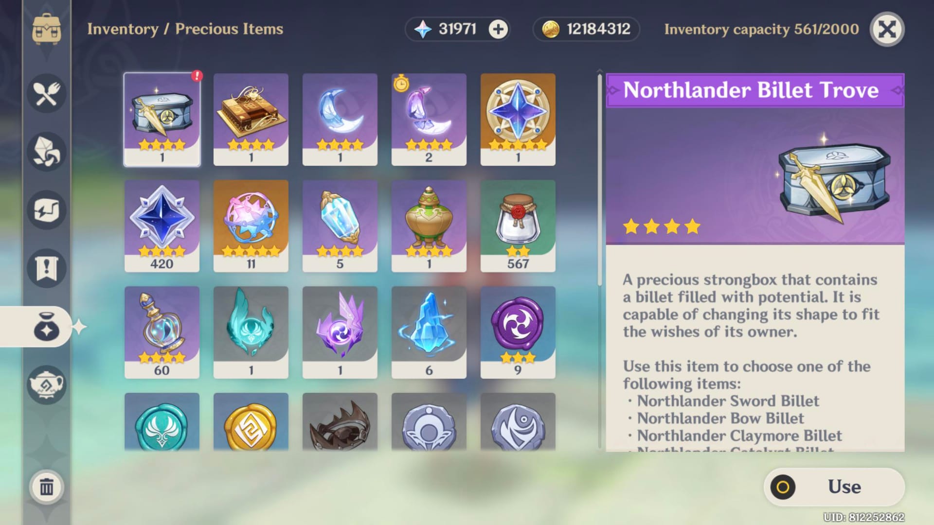 Genshin Impact Primogems and wish items in inventory