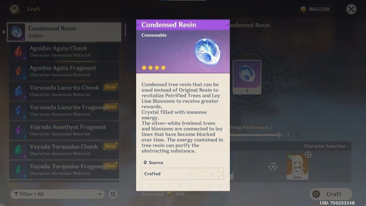 《原神》浓缩树脂制作界面