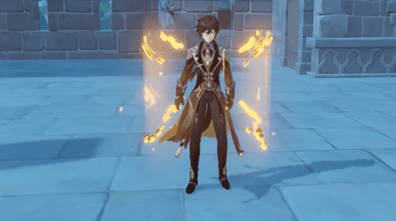 《原神》中钟离的玉璋护盾保护队伍的截图