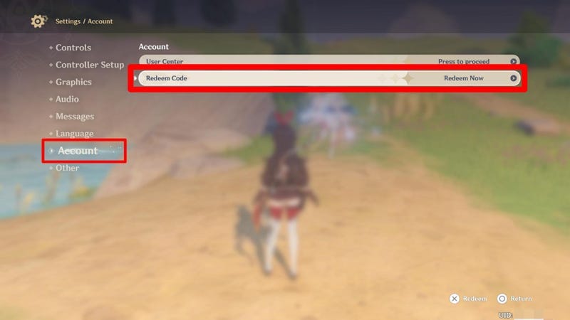 Capture d'écran du menu d'échange de codes en jeu de Genshin Impact