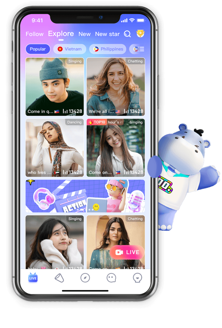 Interface de la page d'accueil de Poppo Live montrant les hôtes locaux et les tendances