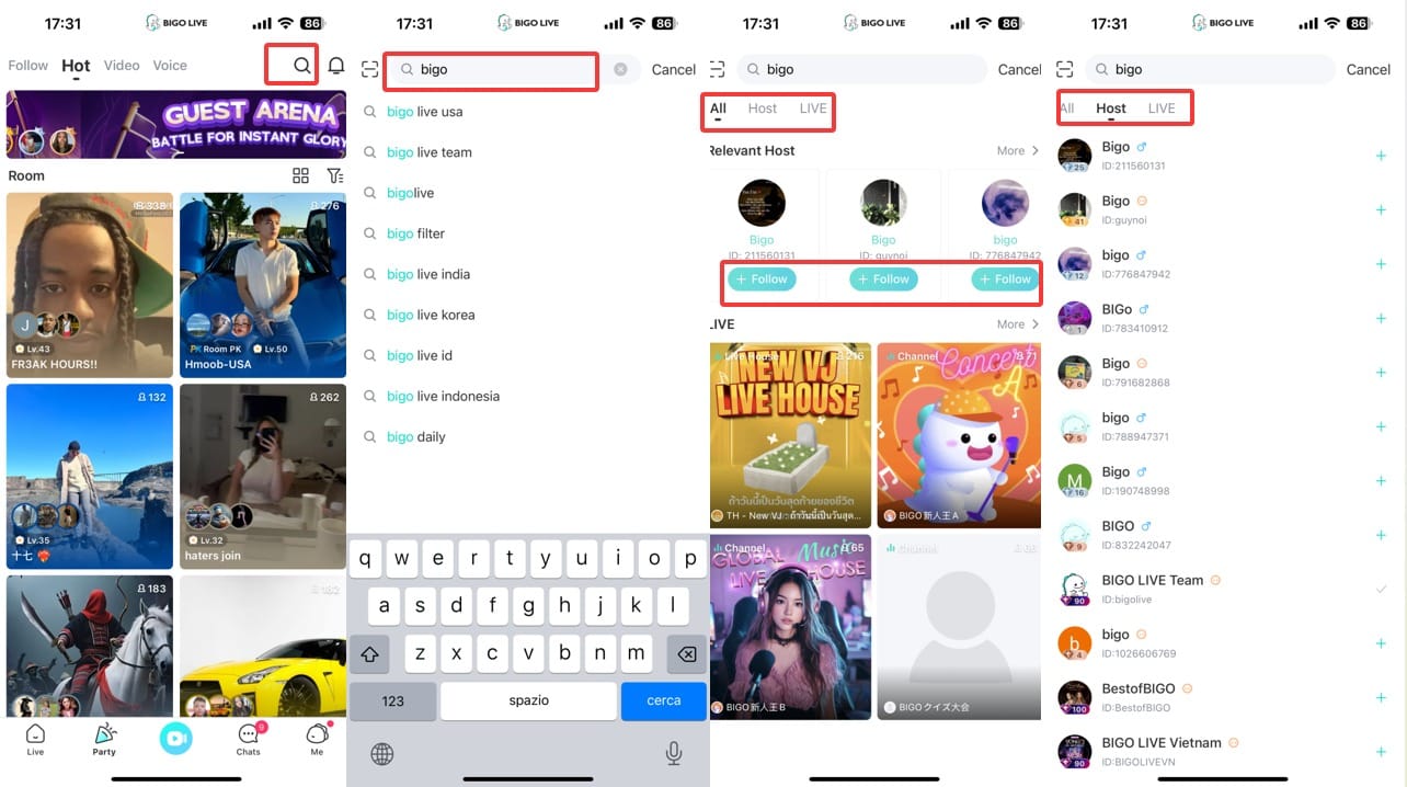 Interface Bigo Live montrant les balises de recherche et les invitations multi-invités