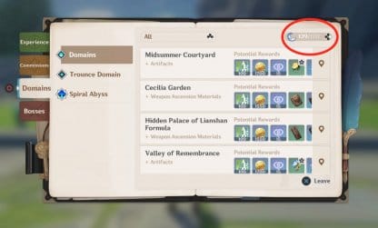 Interface de la Résine de Genshin Impact et limite quotidienne