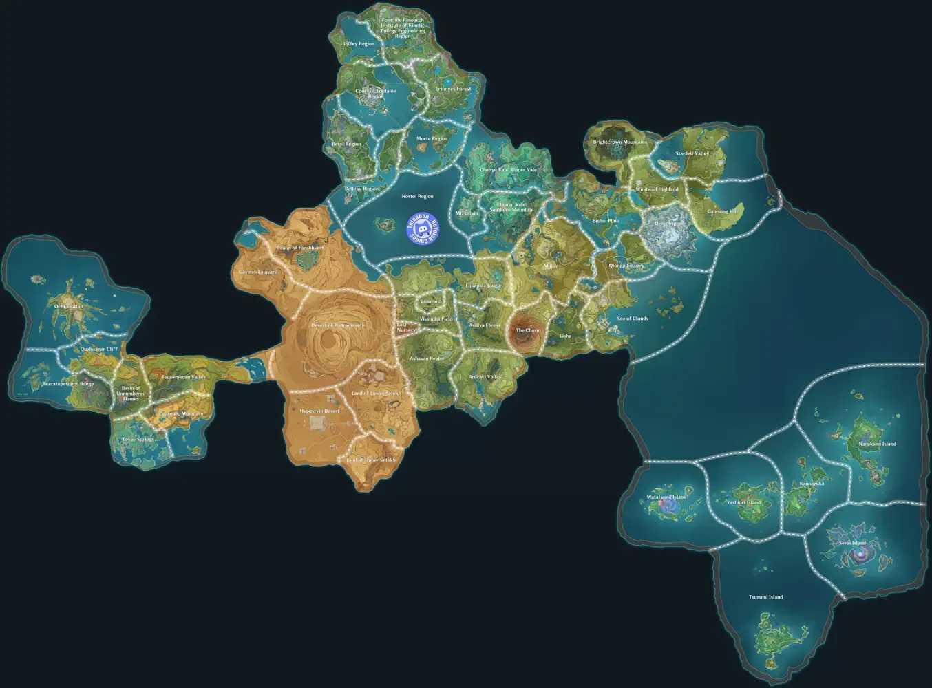 Carte du monde de Genshin Impact montrant les régions de Mondstadt à Natlan