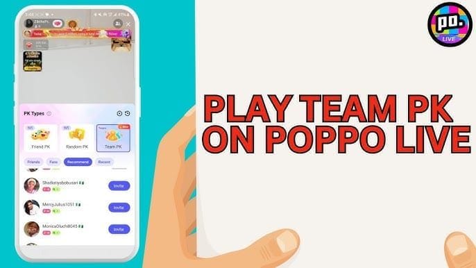 Capture d'écran d'une bataille PK en soirée sur Poppo Live montrant le live stream et les points