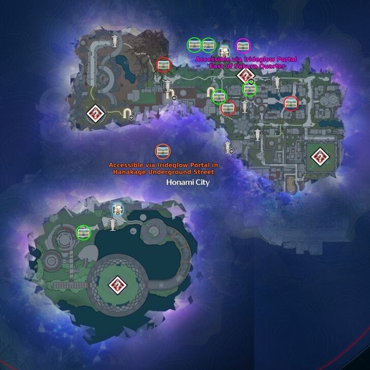 Carte des emplacements du Noyau de Téthys et de la ville d'Honami dans Wuthering Waves