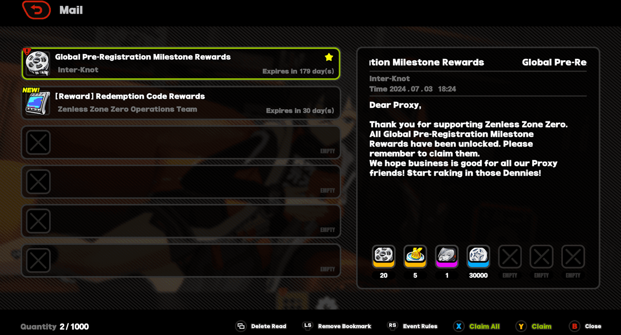 Zenless Zone Zero code rewards in mail