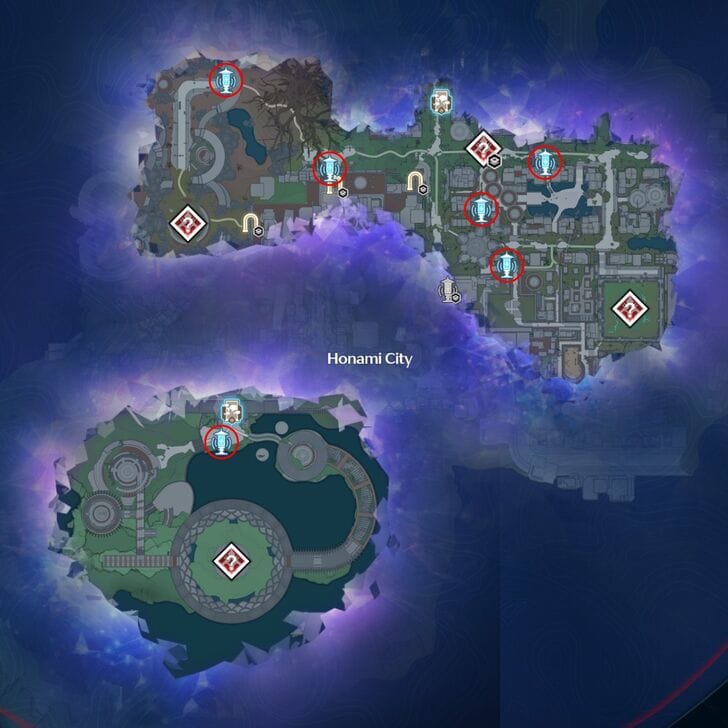 वथरिंग वेव्स एम्बर में सिटी सेट का मानचित्र जिसमें स्थलचिह्न और संग्रहणीय वस्तुएं दिखाई गई हैं