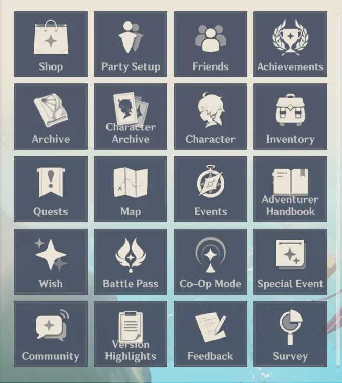 Interface du menu Paimon de Genshin Impact pour l'accès à Miliastra Wonderland