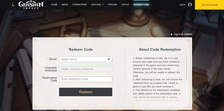 Interface du site officiel de rachat de codes Genshin Impact