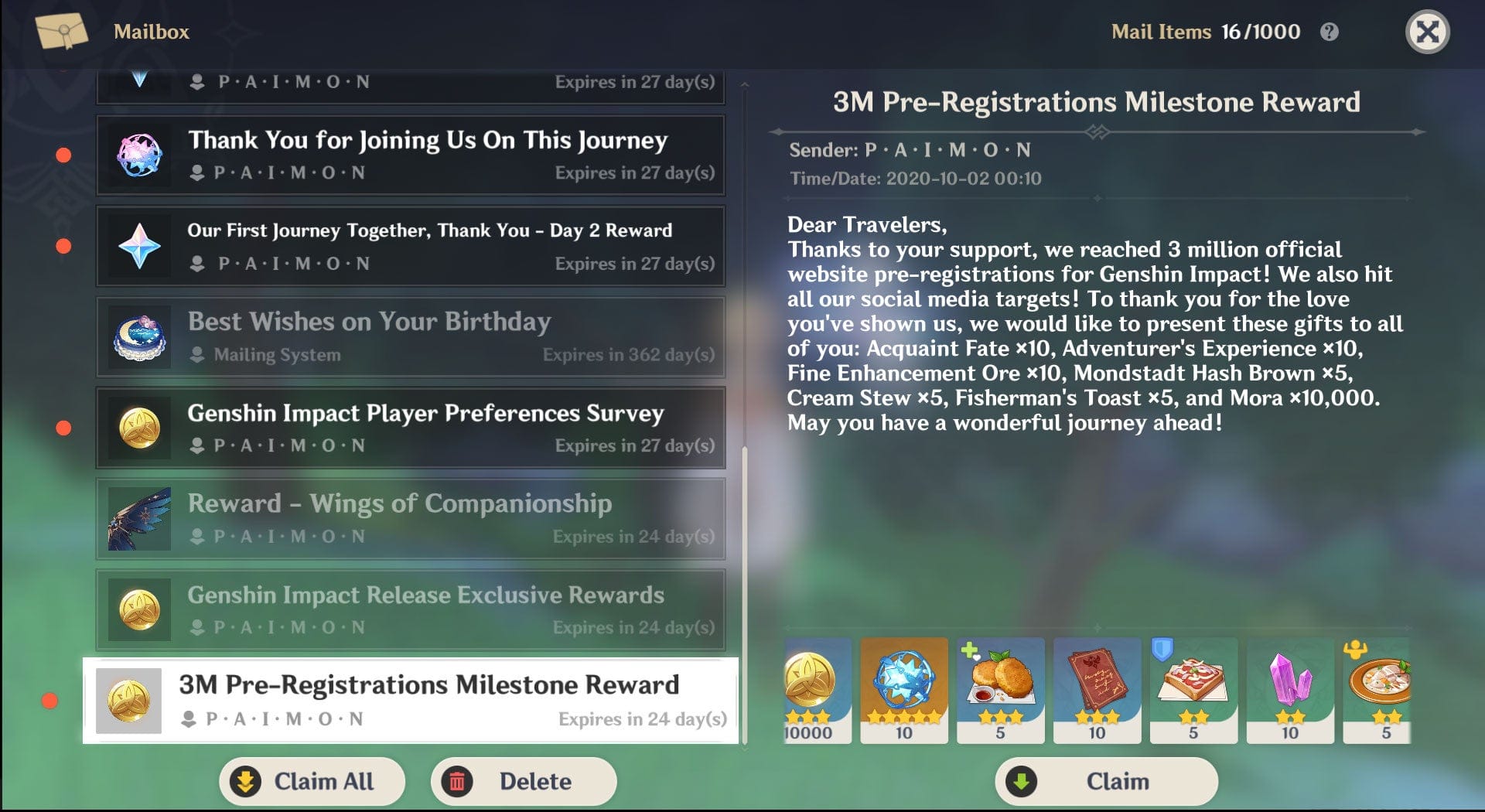 Interface de messagerie de Genshin Impact pour récupérer les récompenses d'anniversaire de Wriothesley