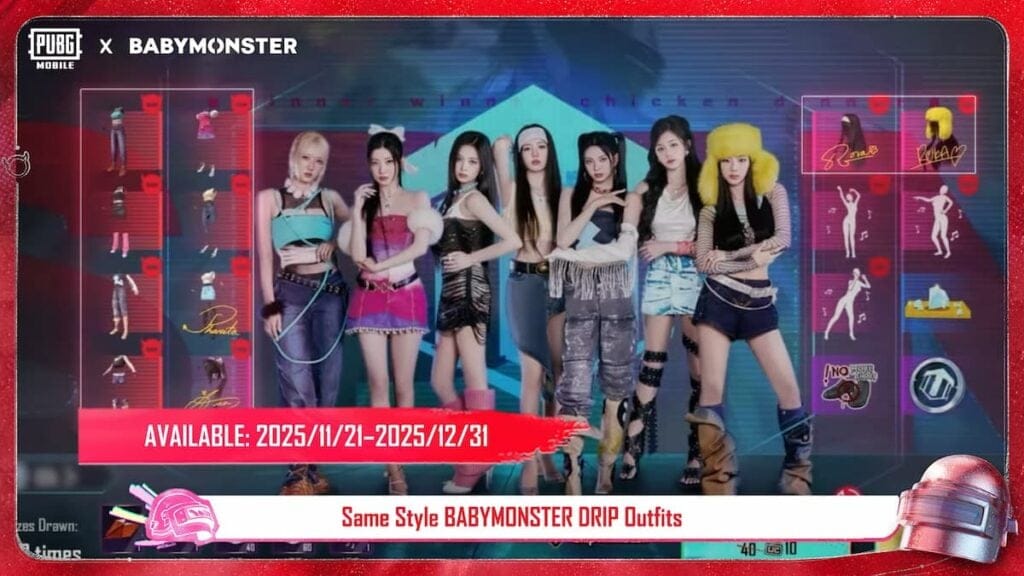 BABYMONSTER DRIP衣装とHorn Hoodieを着用したPUBG Mobileキャラクター