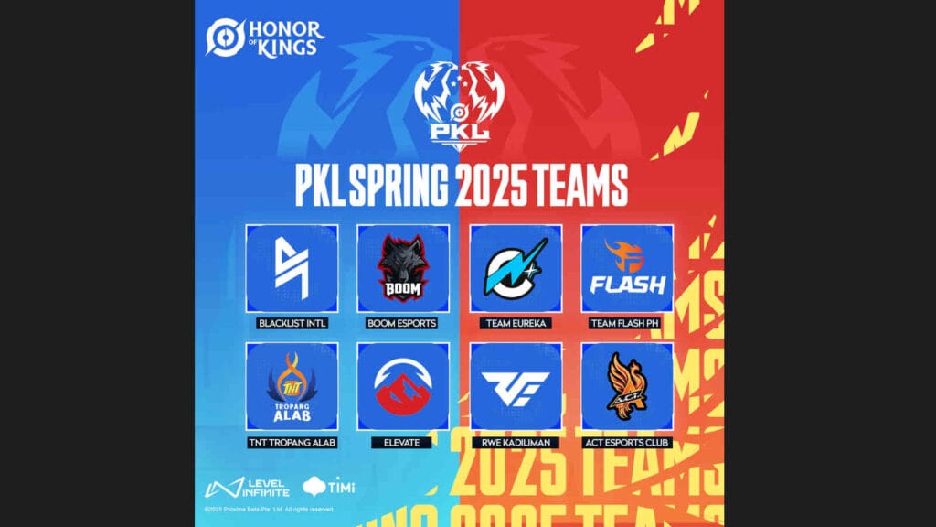 Honor of Kings KIC 2025 टीमों के लोगो जिनमें BLCK, BTR, RRQ शामिल हैं