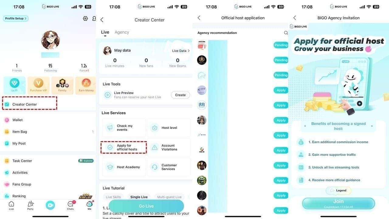 बिगो लाइव क्रिएटर सेंटर स्ट्रीमिंग सेटिंग्स इंटरफ़ेस