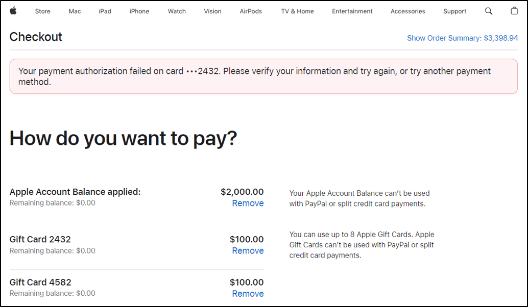 Apple उपहार कार्ड गेम में क्षेत्र बेमेल त्रुटि का स्क्रीनशॉट