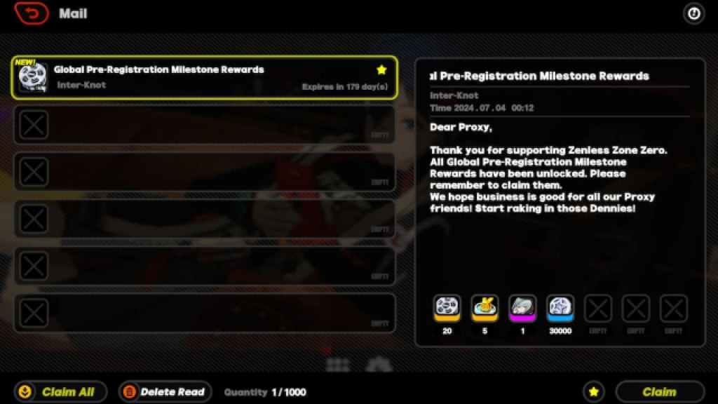 रिडीम कोड पुरस्कारों के साथ ज़ेनलेस ज़ोन ज़ीरो इन-गेम मेल