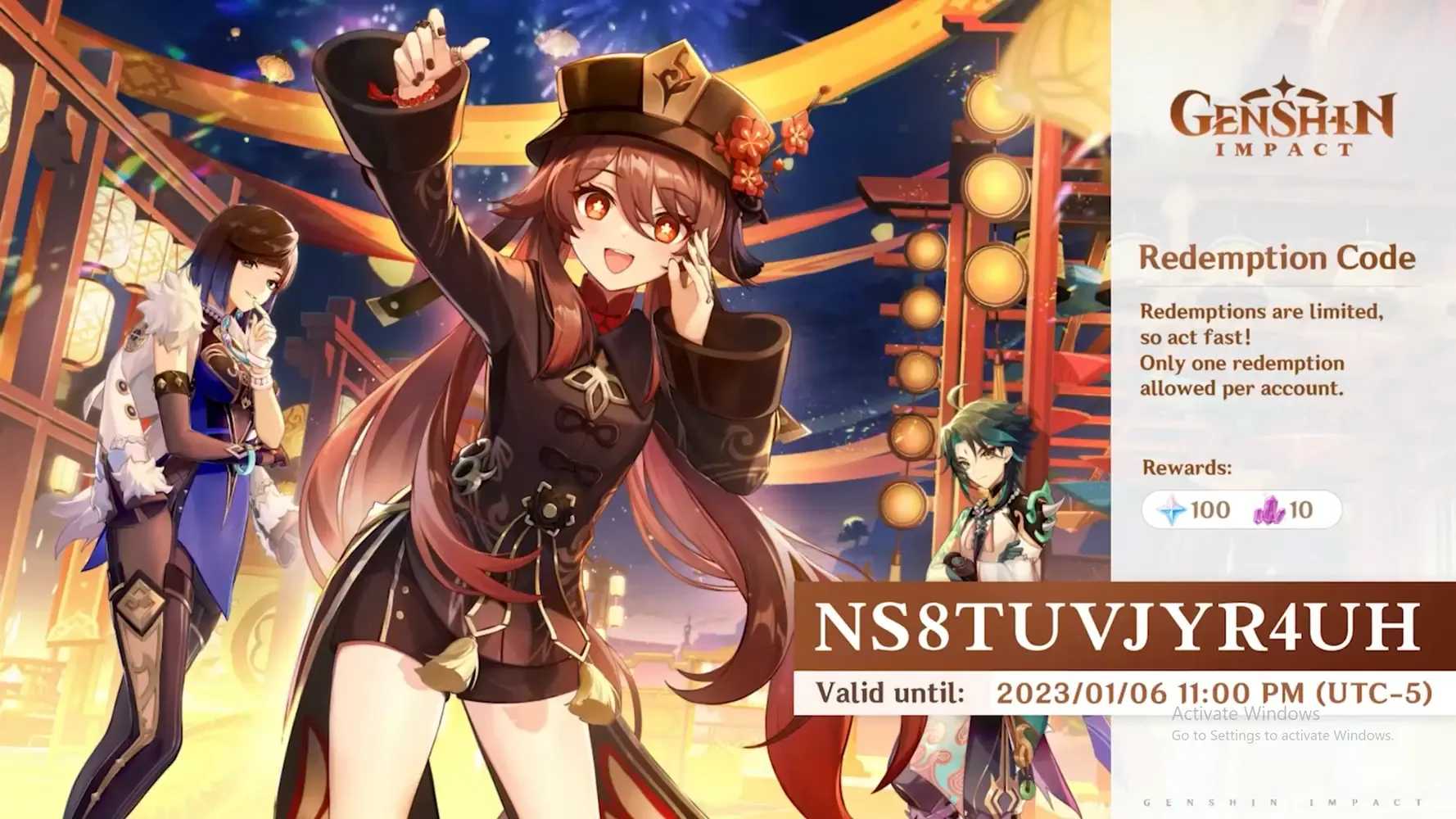 Capture d'écran flash du code officiel du livestream Genshin Impact