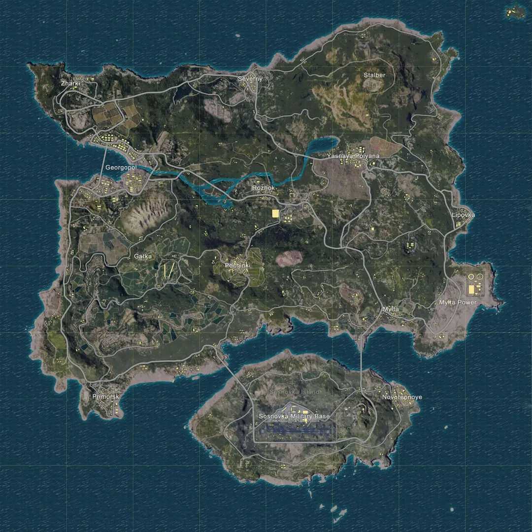 PUBG Mobile Erangel map with hotspots marked