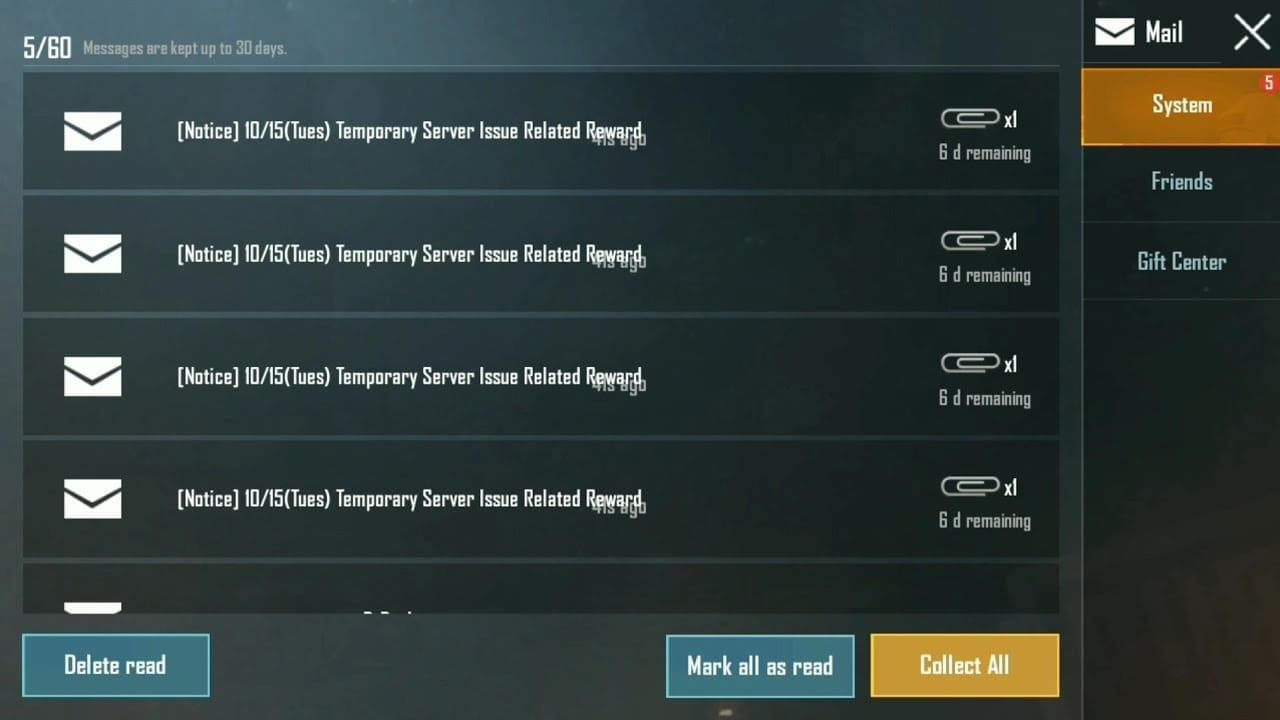 引き換えコード報酬が記載されたPUBG Mobileのゲーム内メールタブ