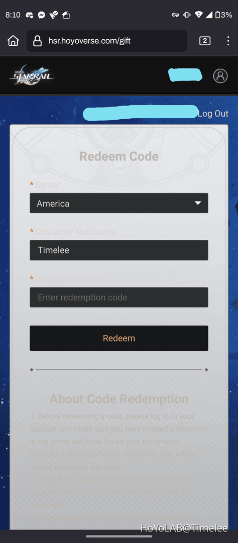 HoYoLAB 網站介面用於兌換《崩壞：星穹鐵道》代碼