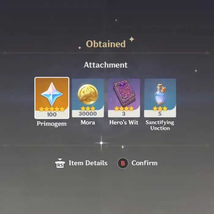 《原神》背包截圖，顯示透過兌換碼獲得的原石、摩拉和大英雄的經驗