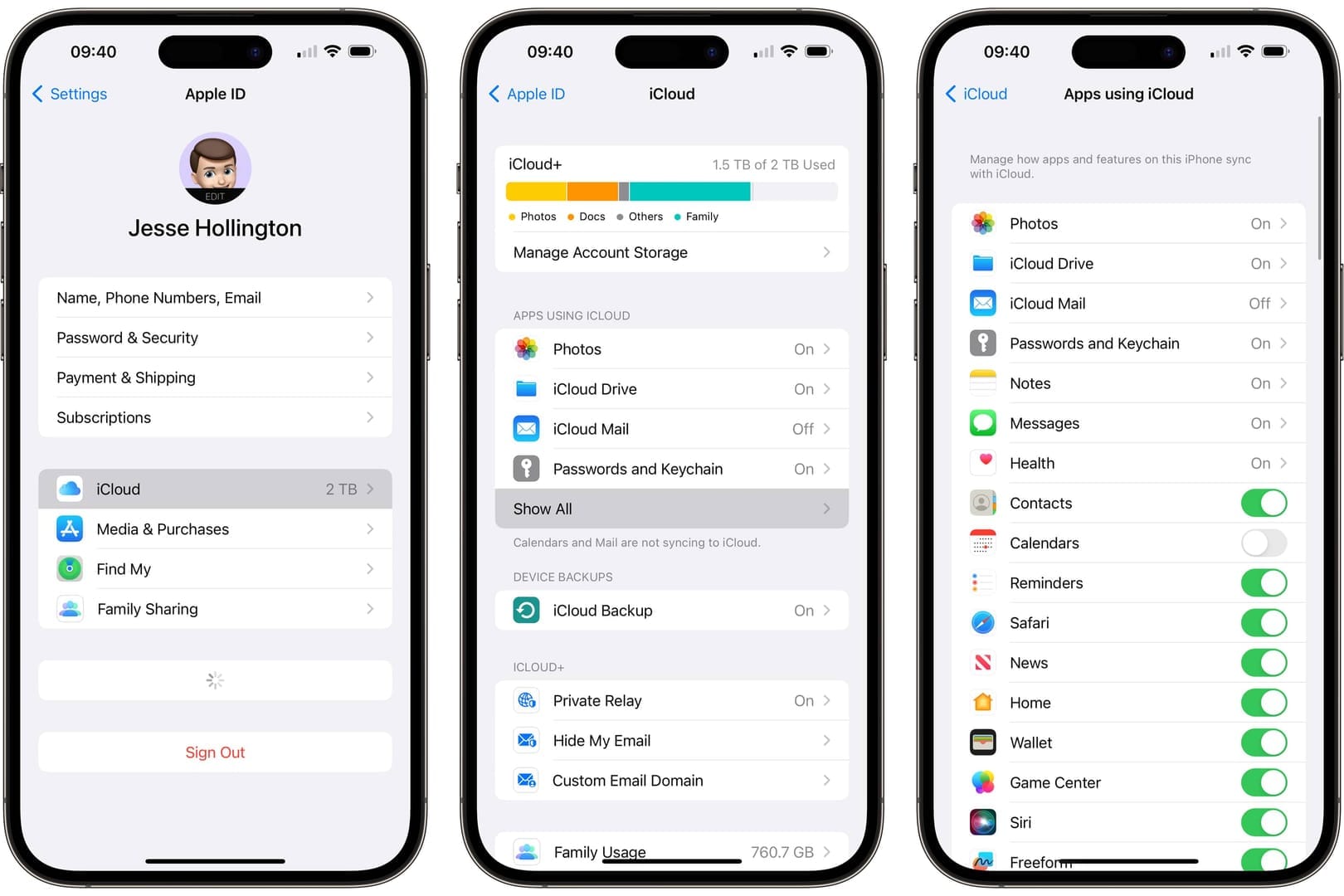 iPhone 設定畫面，顯示 Apple ID 和媒體與購買項目