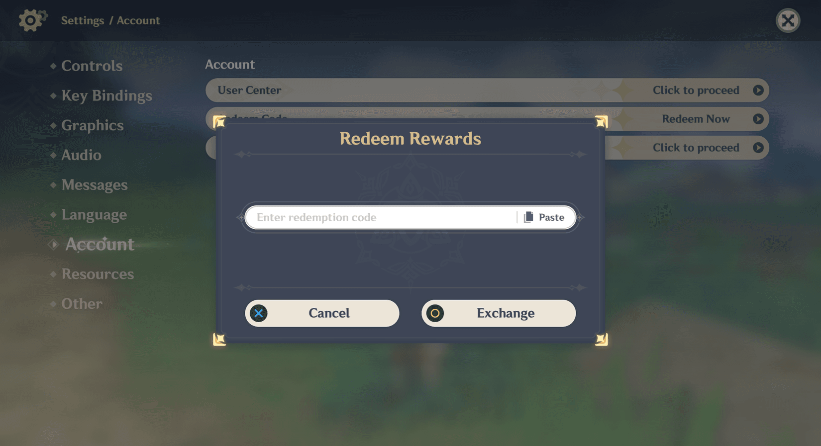 《原神》遊戲內兌換碼選單截圖