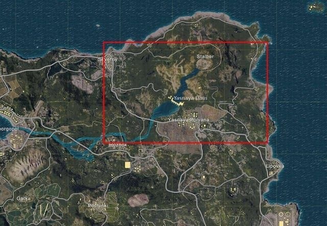 PUBG Mobile海岛地图突出显示Yasnaya Polyana降落点