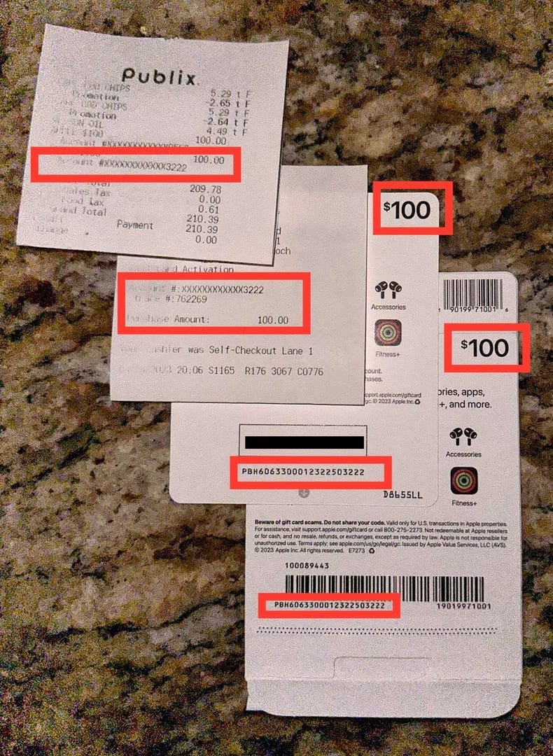 比较游戏交易视图中真实与被篡改的 Apple 礼品卡