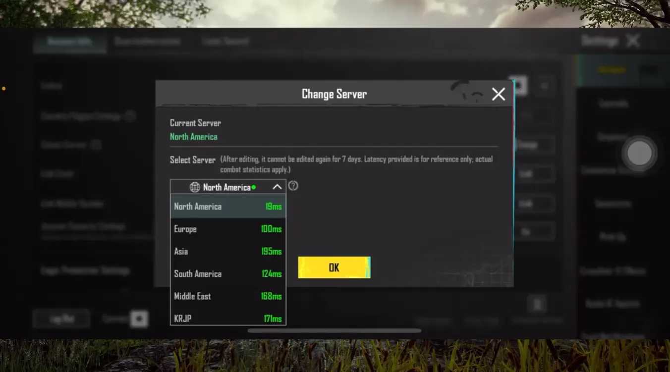 PUBG Mobile服务器区域选择界面