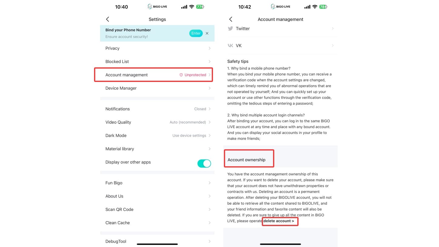 在应用中删除 Bigo Live 账户的分步指南