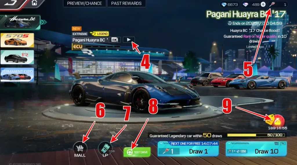 《巅峰极速》车展扭蛋界面，显示金钥匙和钻石兑换