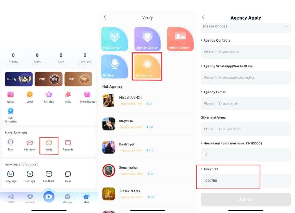 Migo Live app profile interface showing player ID location