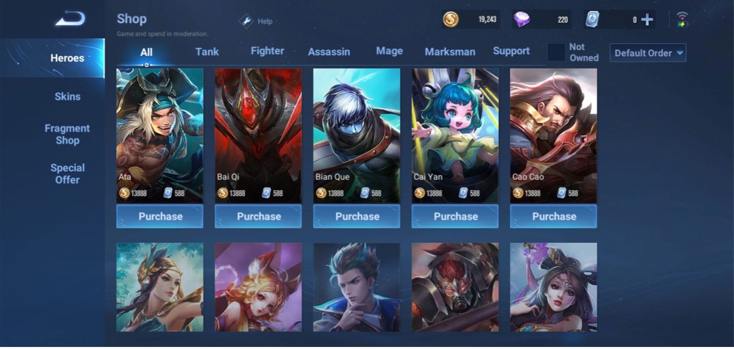 Interface de la boutique de héros Honor of Kings avec prix en Pierres stellaires