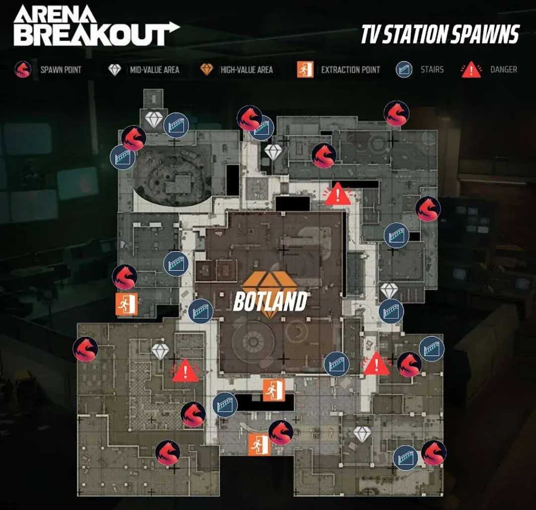 Carte d'Arena Breakout montrant la Route Sud et les emplacements de la station TV de Northridge