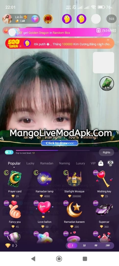 Vue en direct des cadeaux et dons des fans dans Mango Live