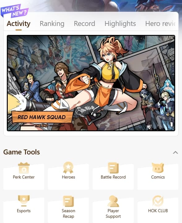 Tableau de bord principal de l'application HOK Camp après la configuration du compte