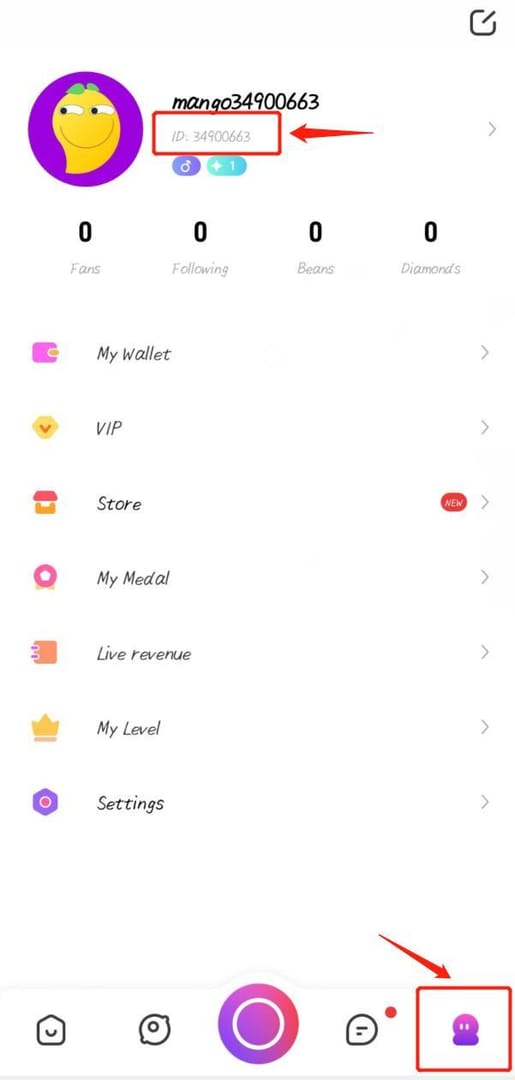 Mango Live 应用个人资料界面，显示昵称下方的充值数字 ID