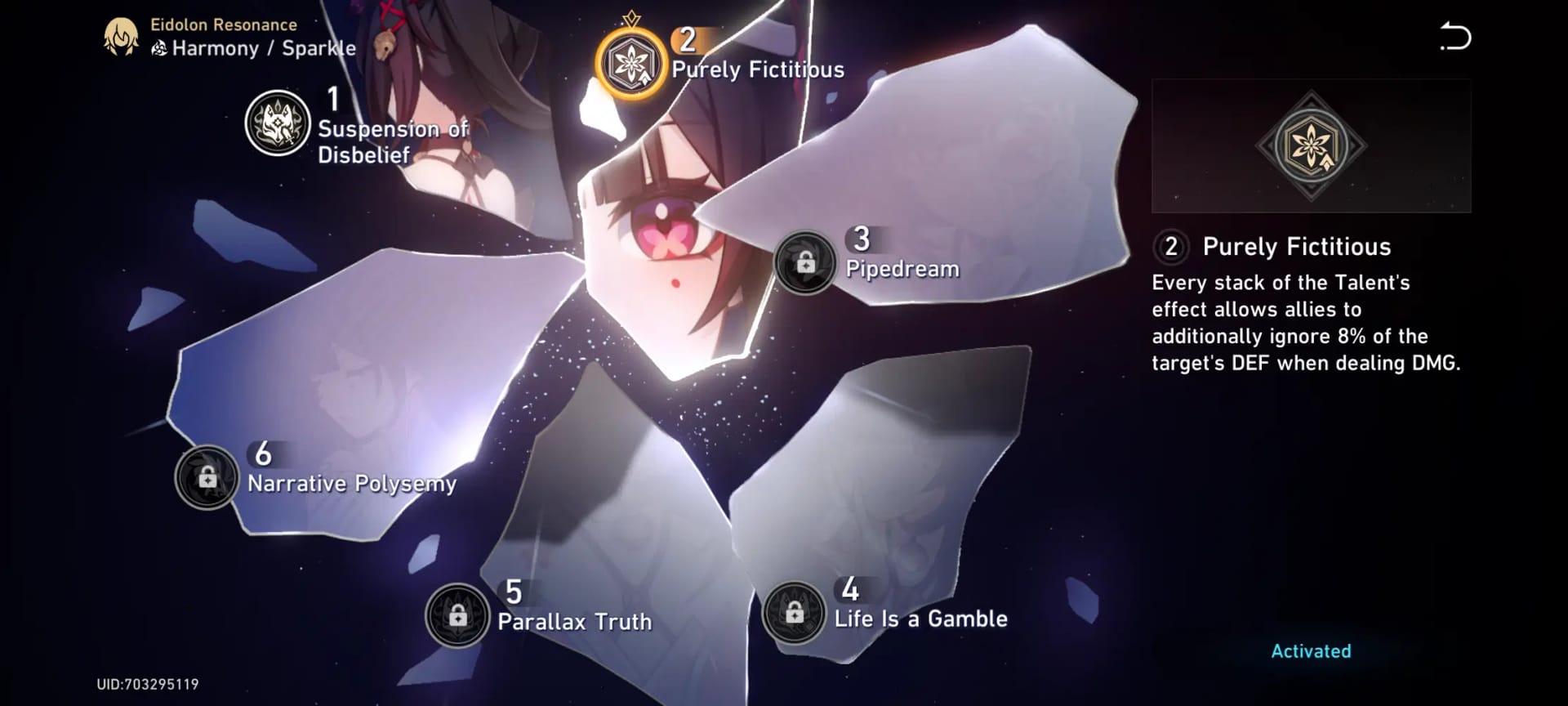 Interface de l'eidolon E2 de Sparxie dans Honkai Star Rail montrant le tour supplémentaire et les cumuls de Frisson