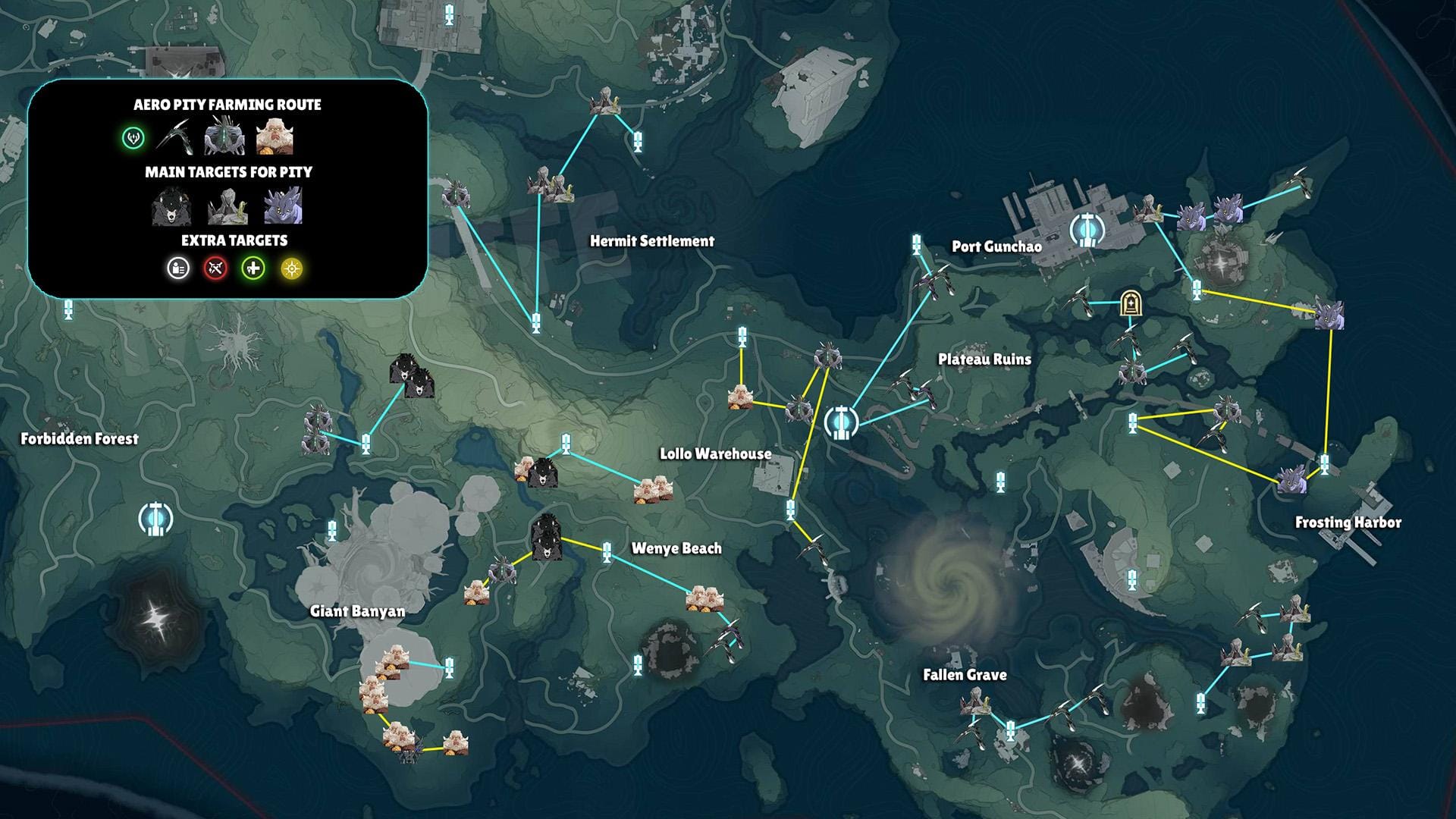 Carte de Wuthering Waves montrant les itinéraires de farm d'échos Aéro Brise de Sierra, incluant les apparitions de Chasse-rasoir, Héron et Chef-Hoo