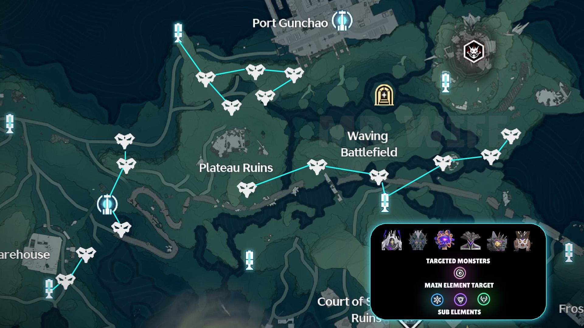 Carte de Wuthering Waves montrant les itinéraires de farm pour le Loup de l'Effroi Havoc et le Champignon-Rose dans la Baie de Wuming et la Cité Portuaire de Guixu