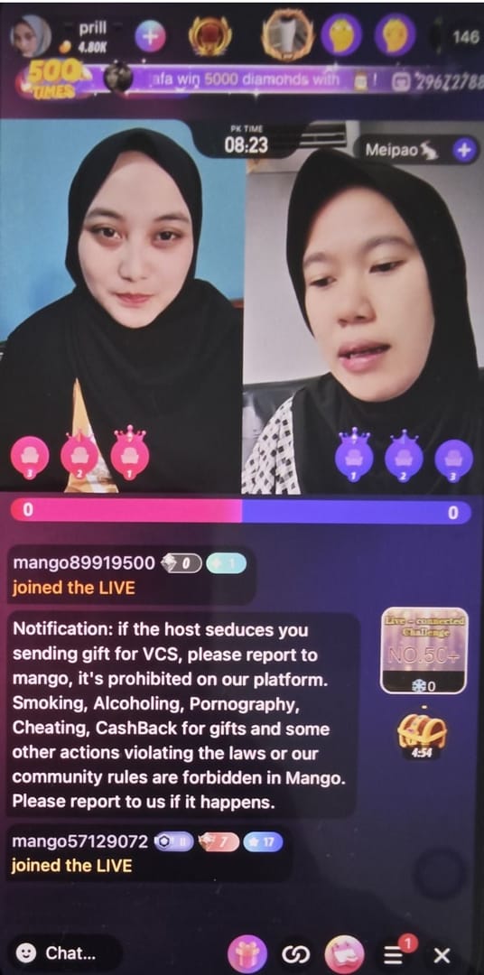 Capture d'écran d'un profil d'hôte premium Mango Live avec notes et badge vérifié