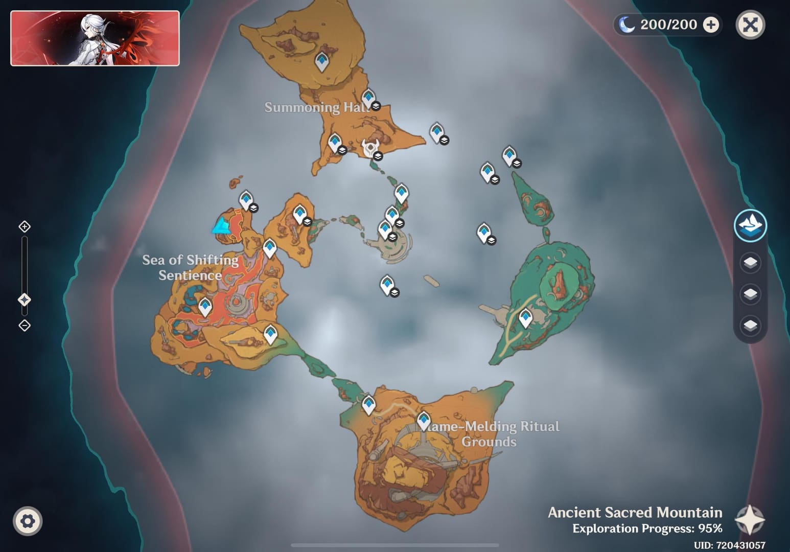 Peta Natlan Genshin Impact dengan lokasi ke-81 Teleport Waypoint yang ditandai
