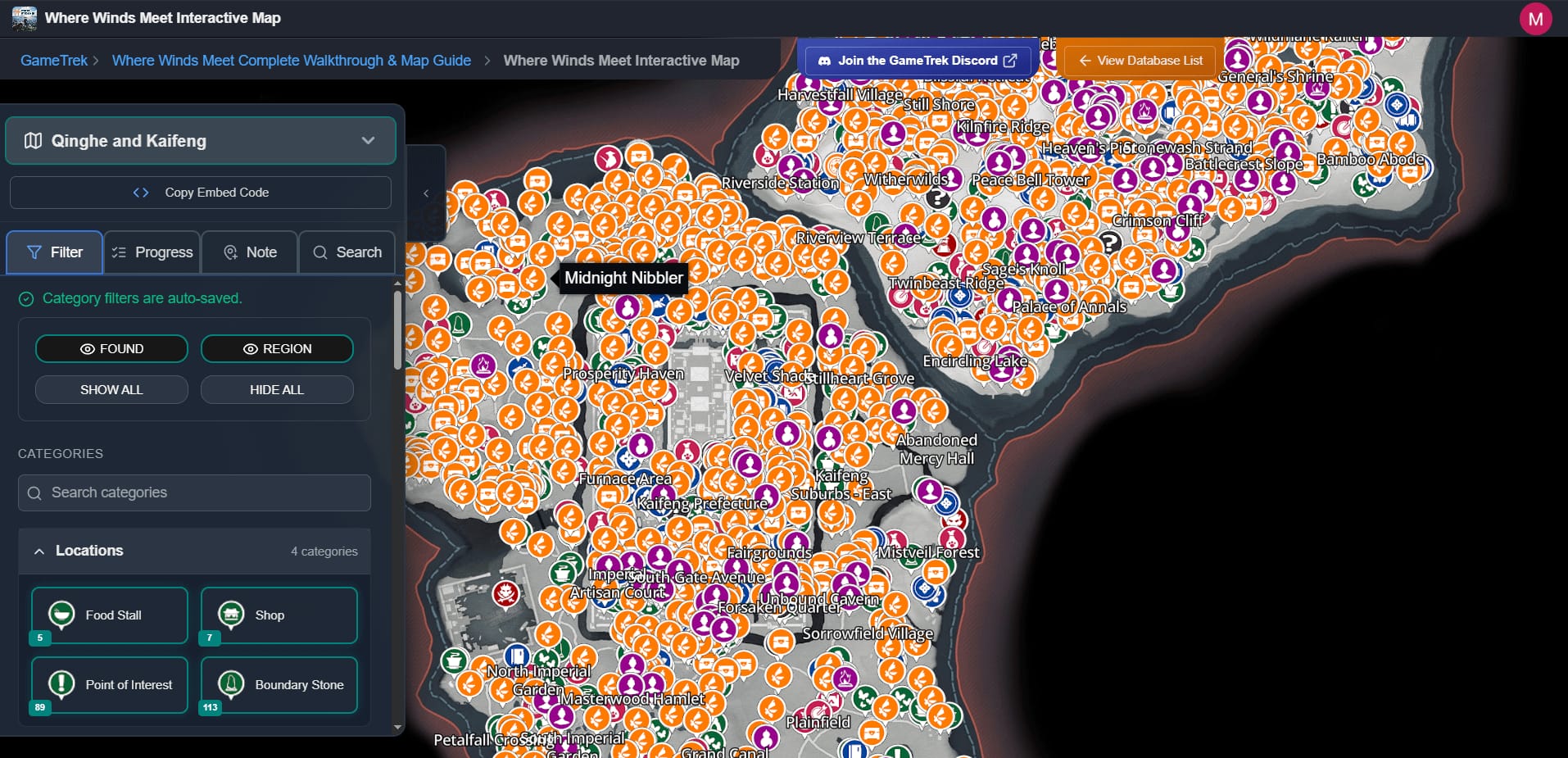 Карта округа Цинхэ в Where Winds Meet с точками фарма древесины и руды