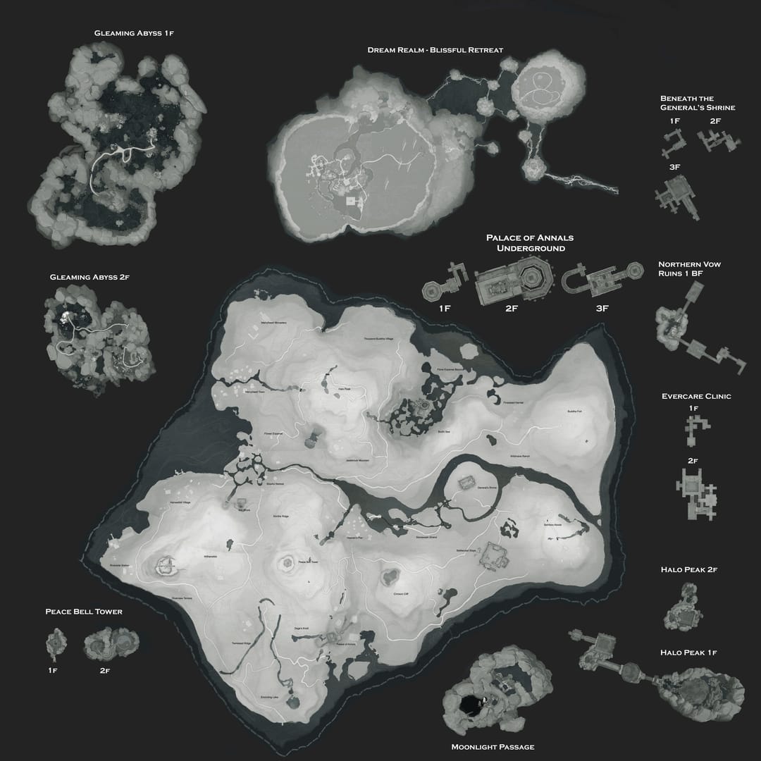 Карта Войн Гильдий Where Winds Meet с линиями, башнями, Гусем и Деревом