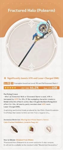 Icône de l'arme Halo fracturé de Genshin Impact et statistiques pour le build d'Ineffa